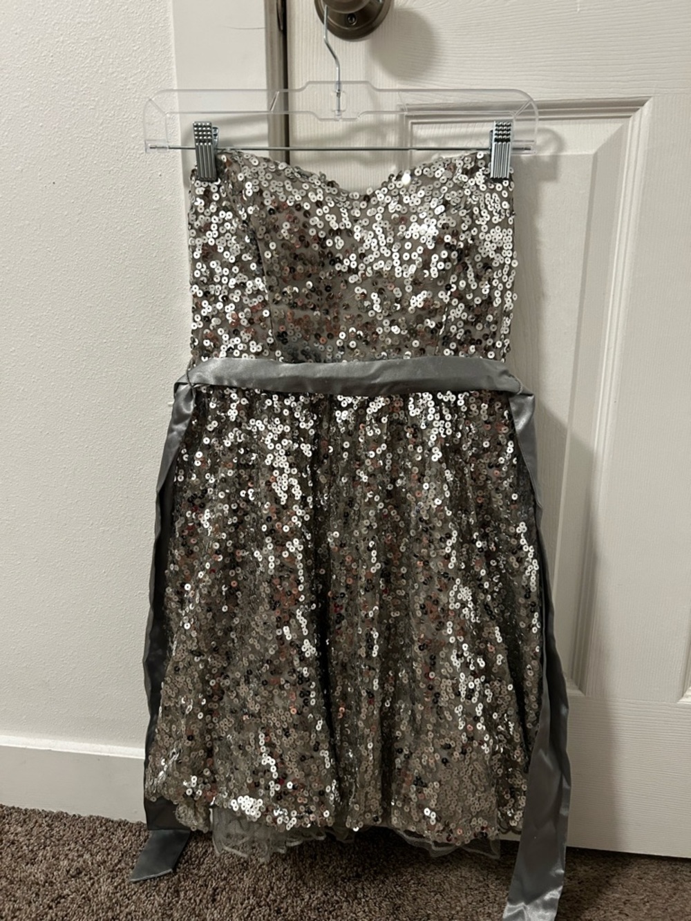 Women’s Silver Sequin Party Dress with Satin Sash